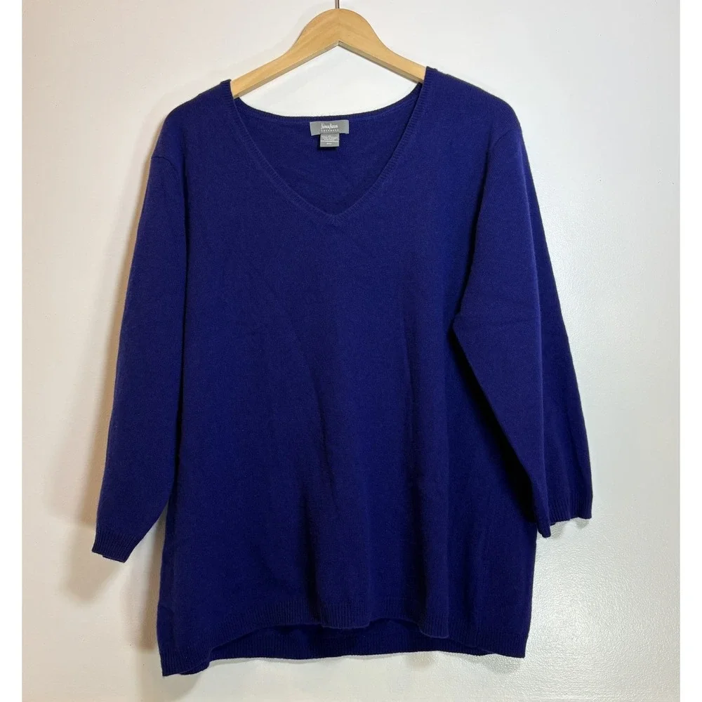 Neiman Marcus Cashmere Sweater Womens 2X Royal Blue V-Neck 3/4 Sleeve Pullover - Picture 1 of 13